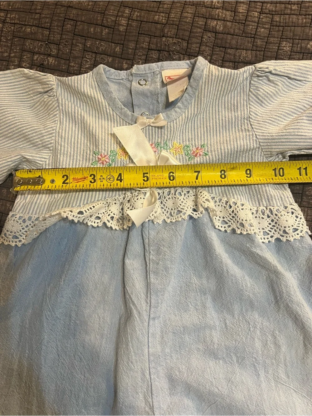 Vtg Buster Brown Romper Baby Girl 6-9 Mons One Piece Blue Striped W/ Embroidery